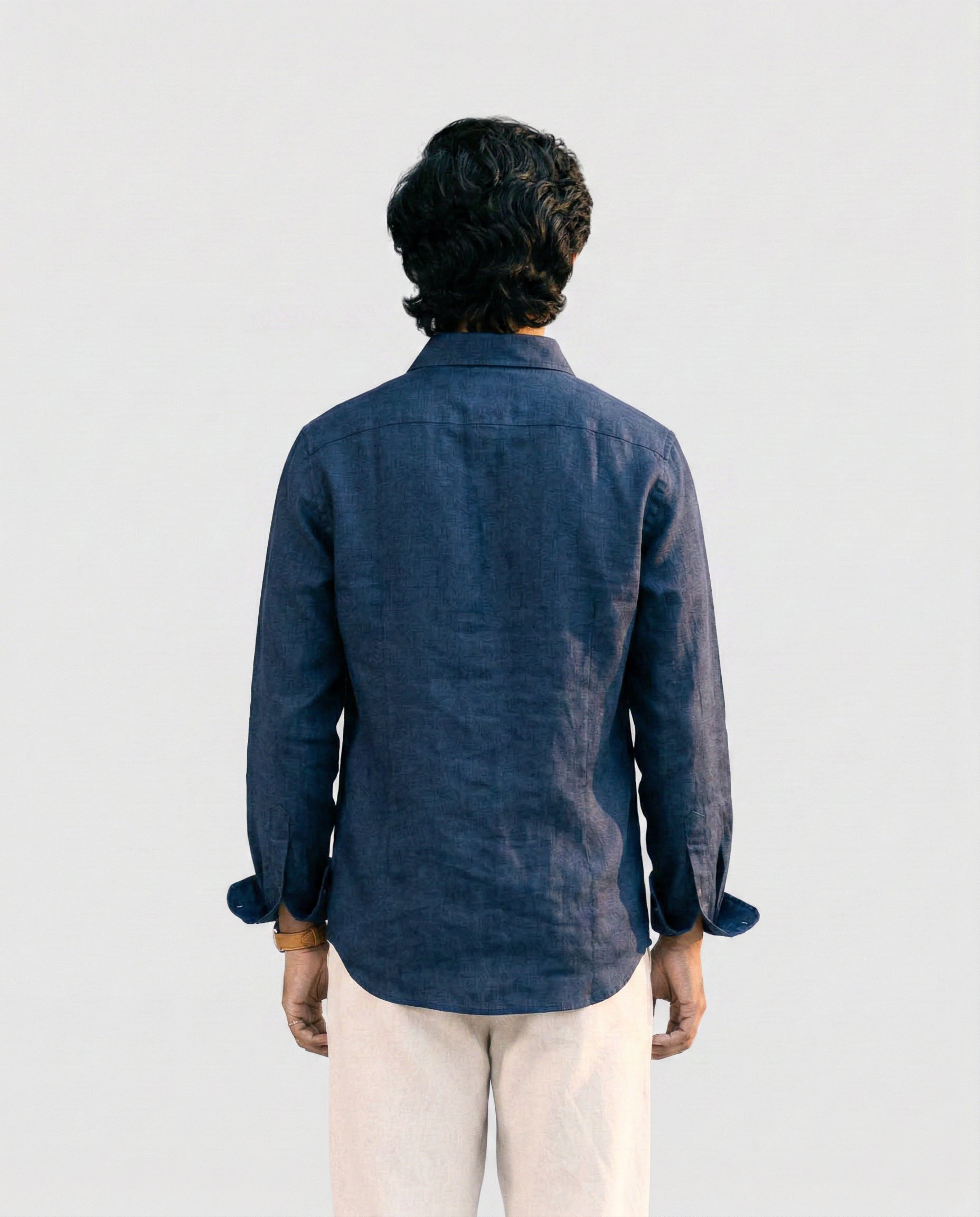 Navy Blue Linen Shirt with European Collar