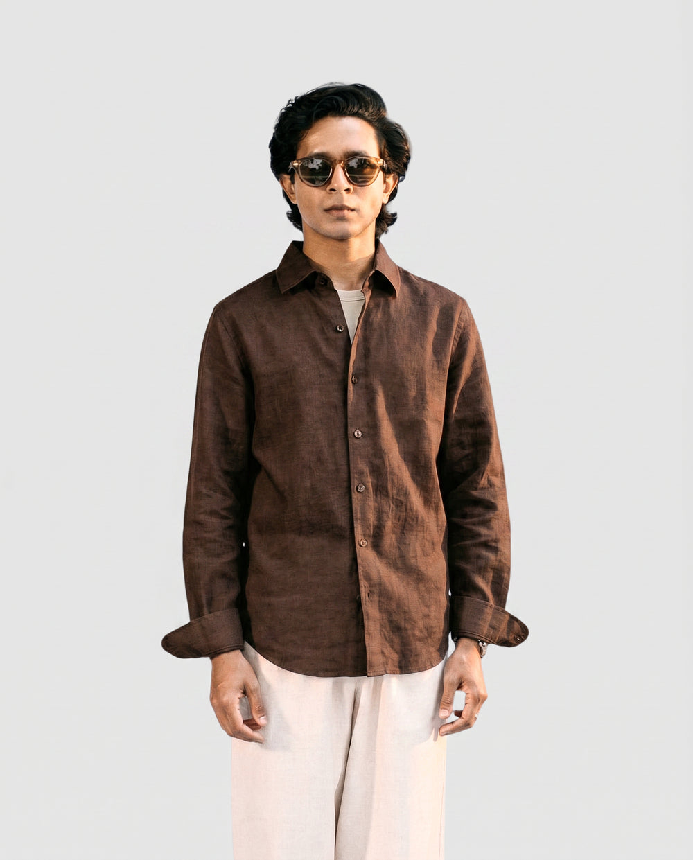 Brown Linen Shirt with European Collar