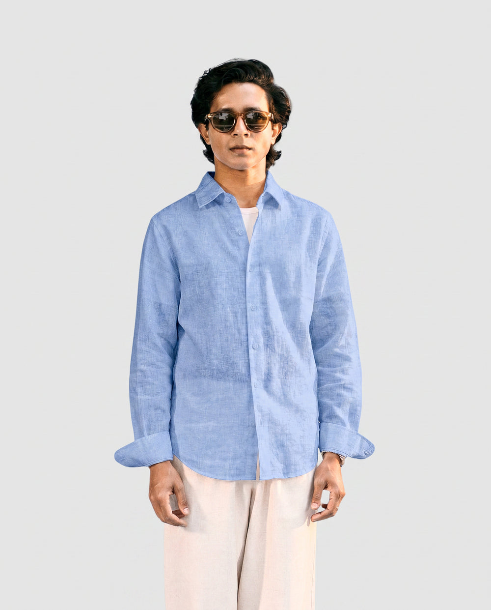 Light Blue Linen Shirt with European Collar