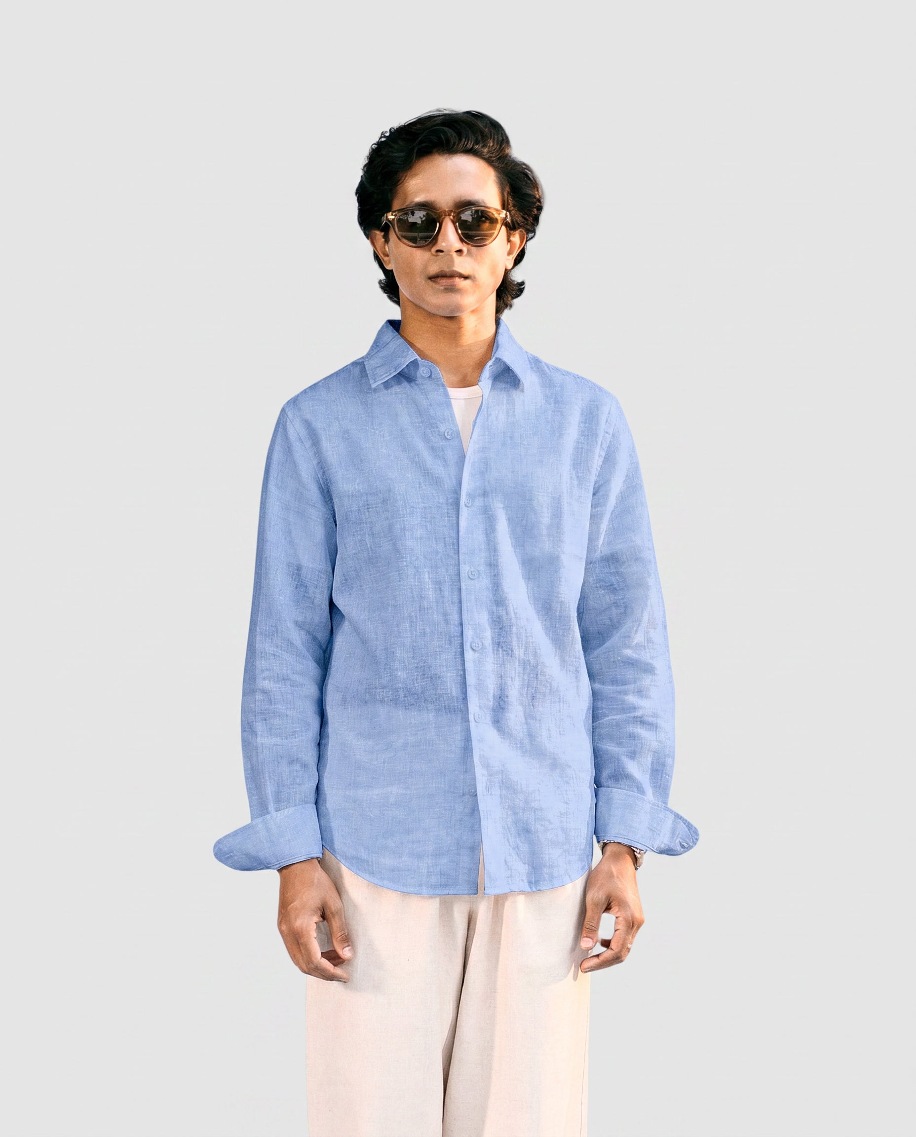 Light Blue Linen Shirt with European Collar