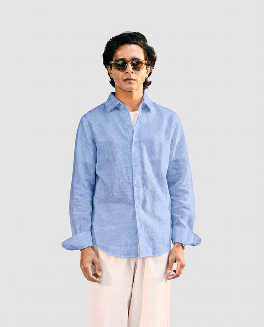 Light Blue Linen Shirt with European Collar