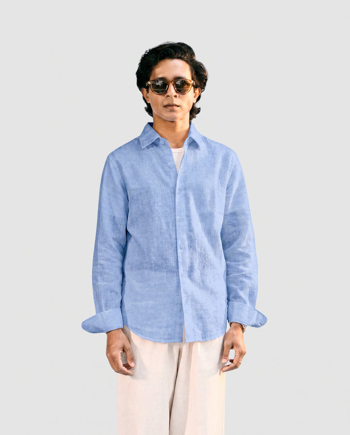 Light Blue Linen Shirt with European Collar