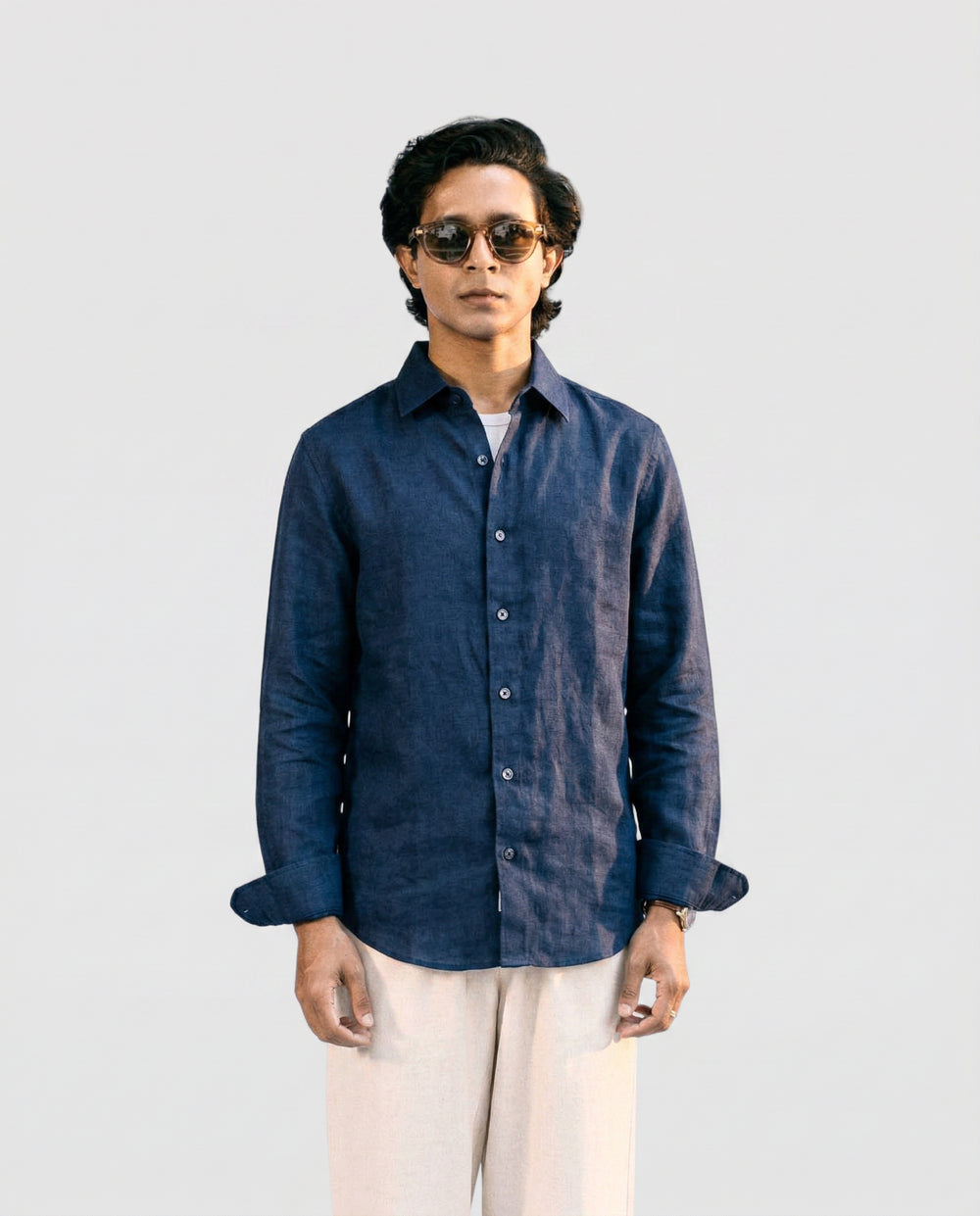 Navy Blue Linen Shirt with European Collar