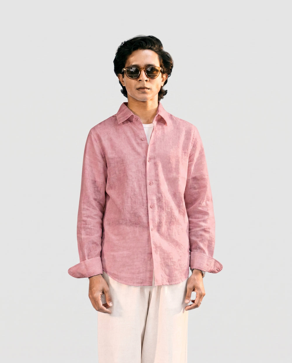 Vivid Pink Linen Shirt with European Collar