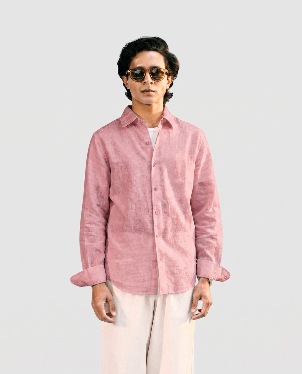 Vivid Pink Linen Shirt with European Collar