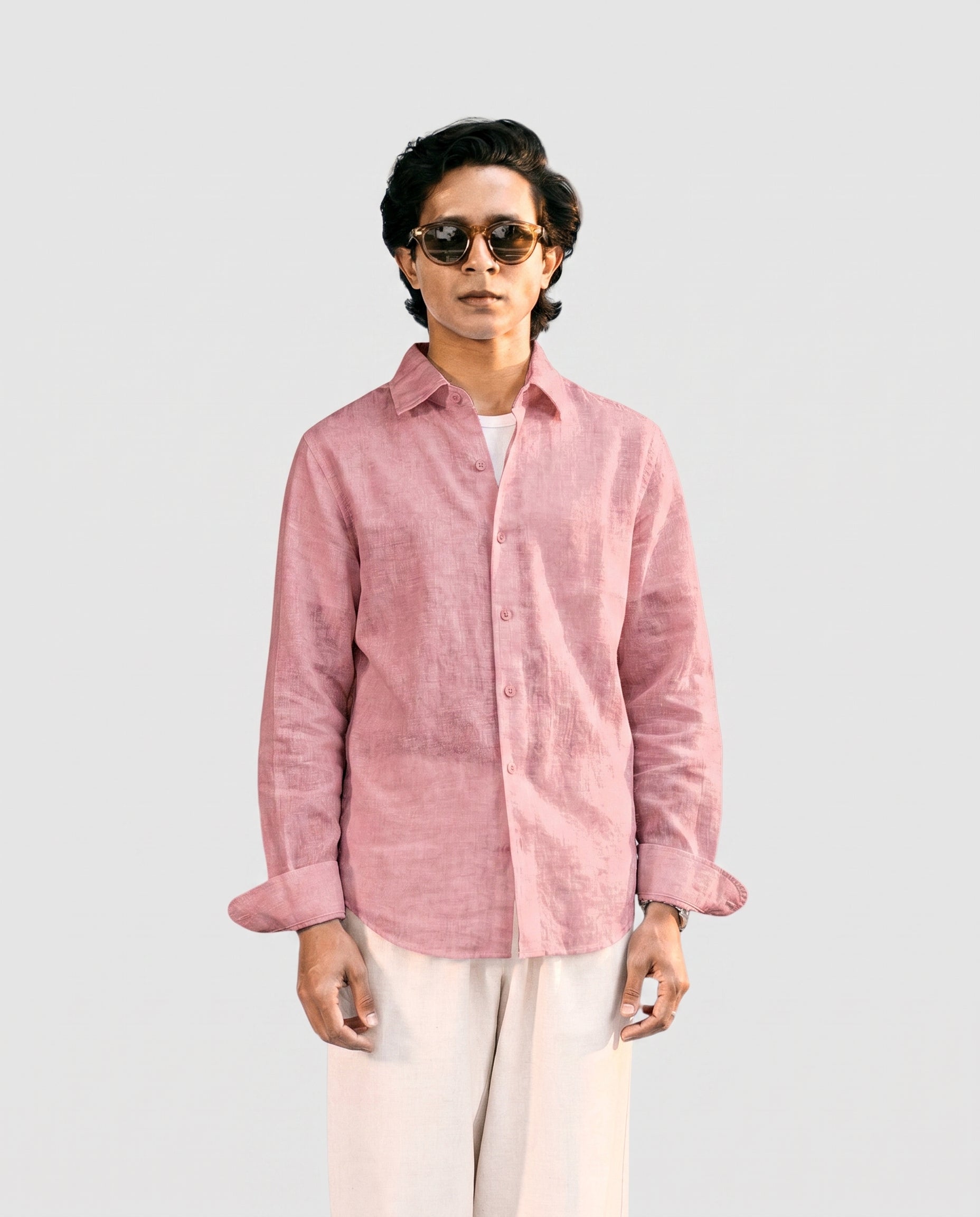 Vivid Pink Linen Shirt with European Collar