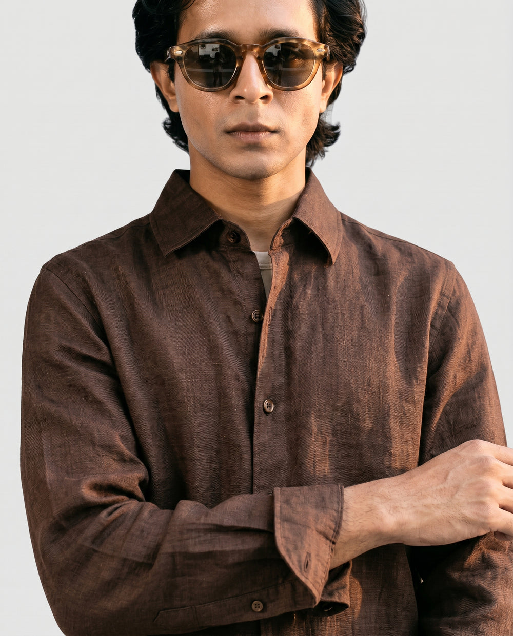Brown Linen Shirt with European Collar