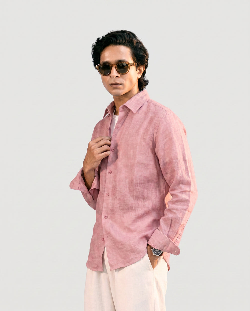 Vivid Pink Linen Shirt with European Collar