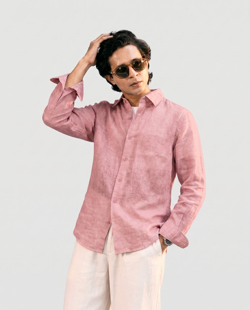 Vivid Pink Linen Shirt with European Collar