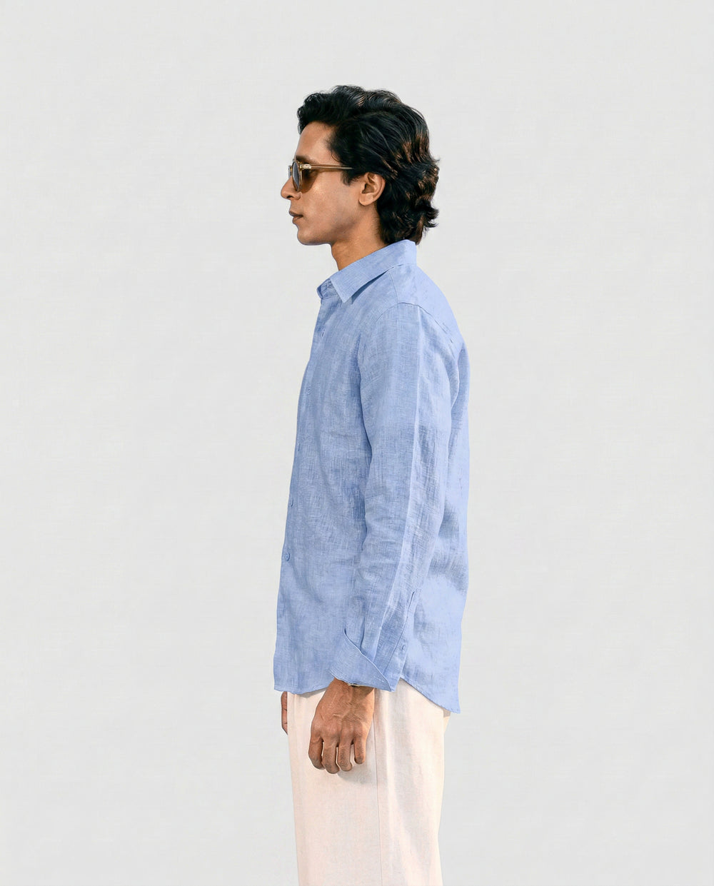 Light Blue Linen Shirt with European Collar