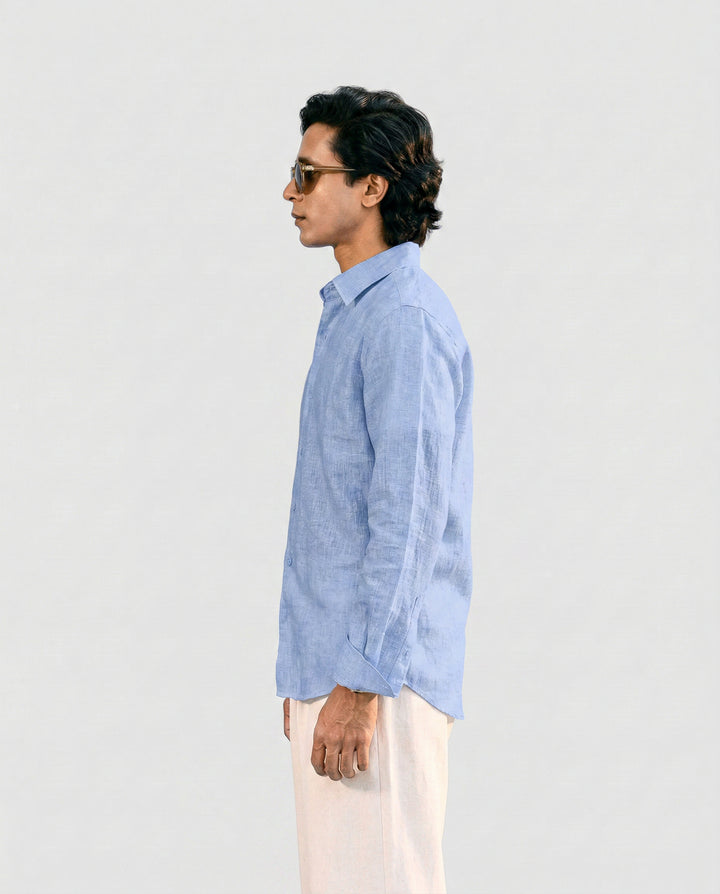 Light Blue Linen Shirt with European Collar