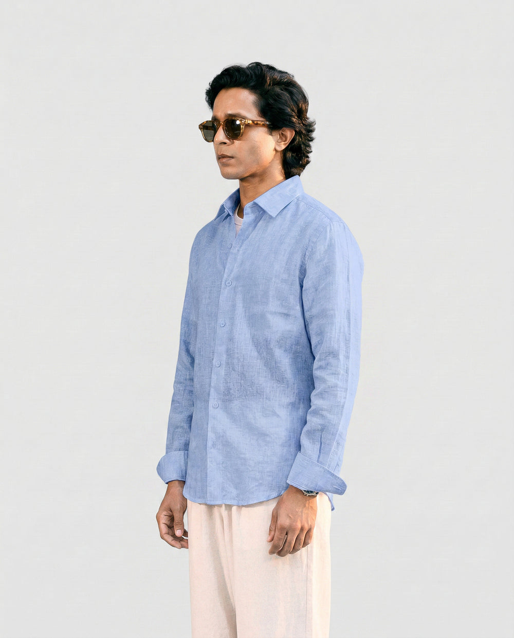 Light Blue Linen Shirt with European Collar