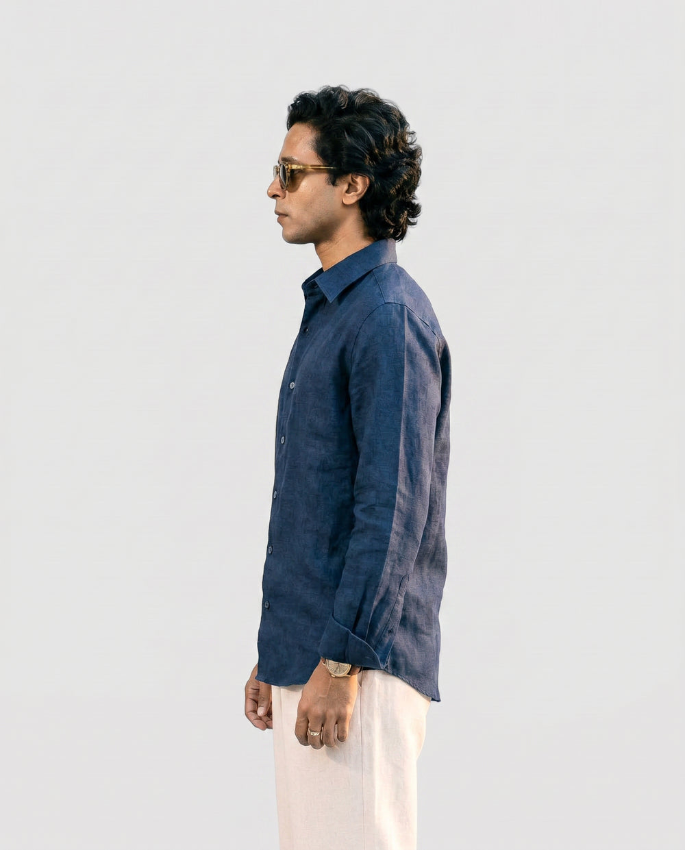 Navy Blue Linen Shirt with European Collar