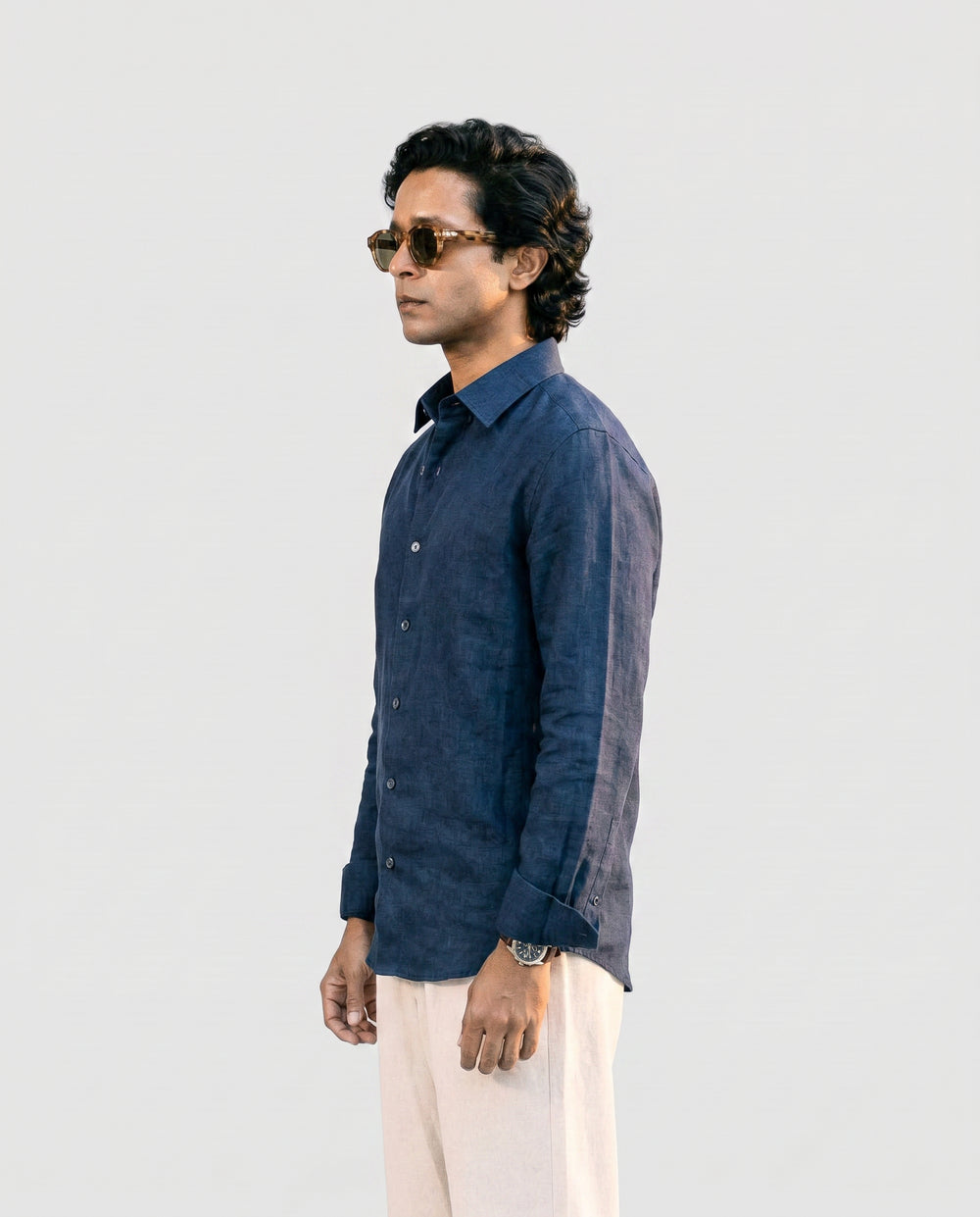 Navy Blue Linen Shirt with European Collar