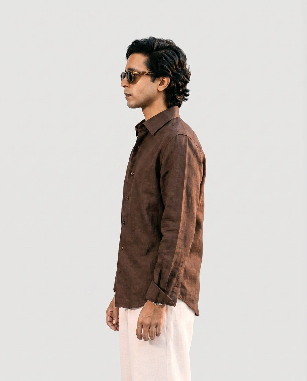 Brown Linen Shirt with European Collar