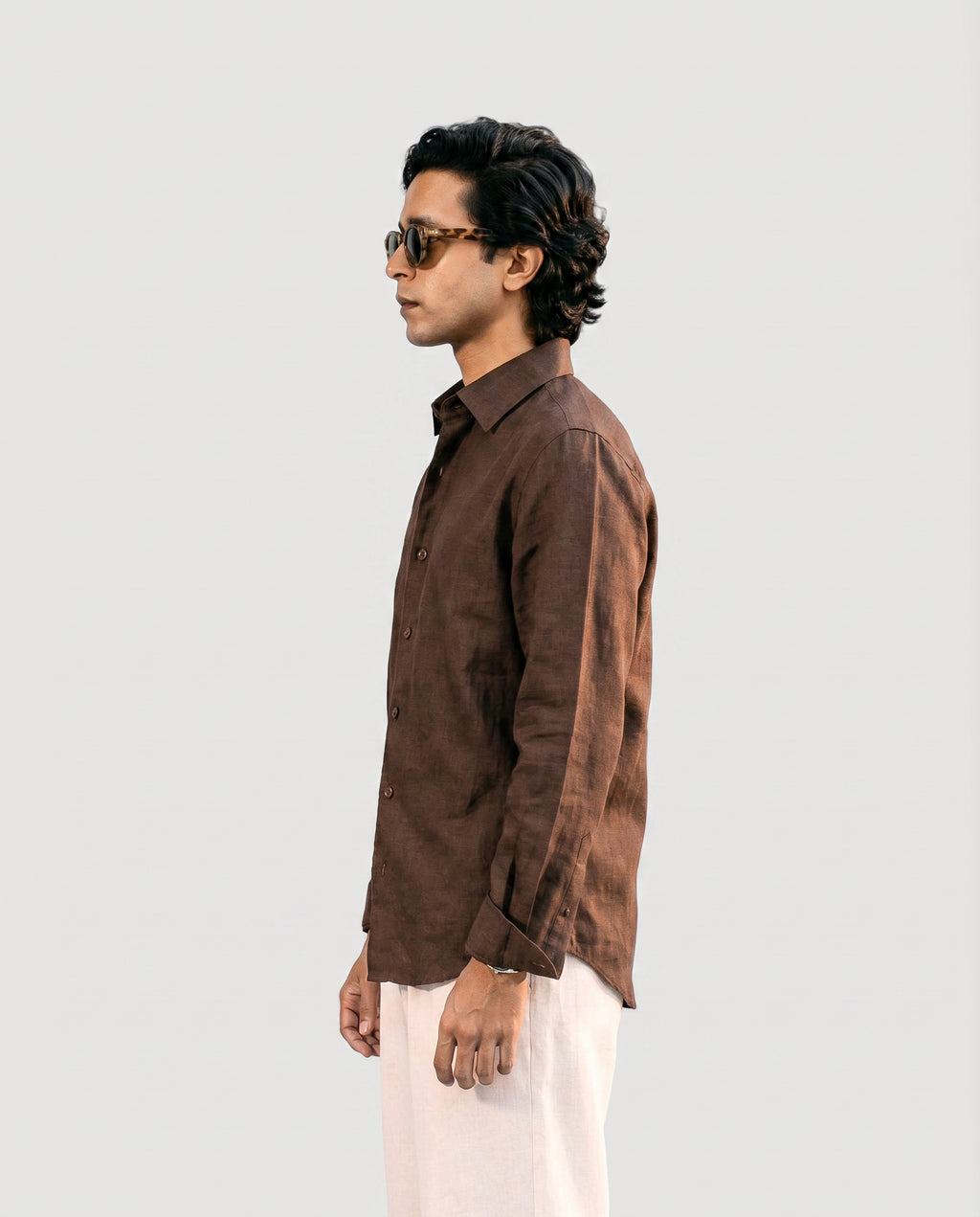 Brown Linen Shirt with European Collar