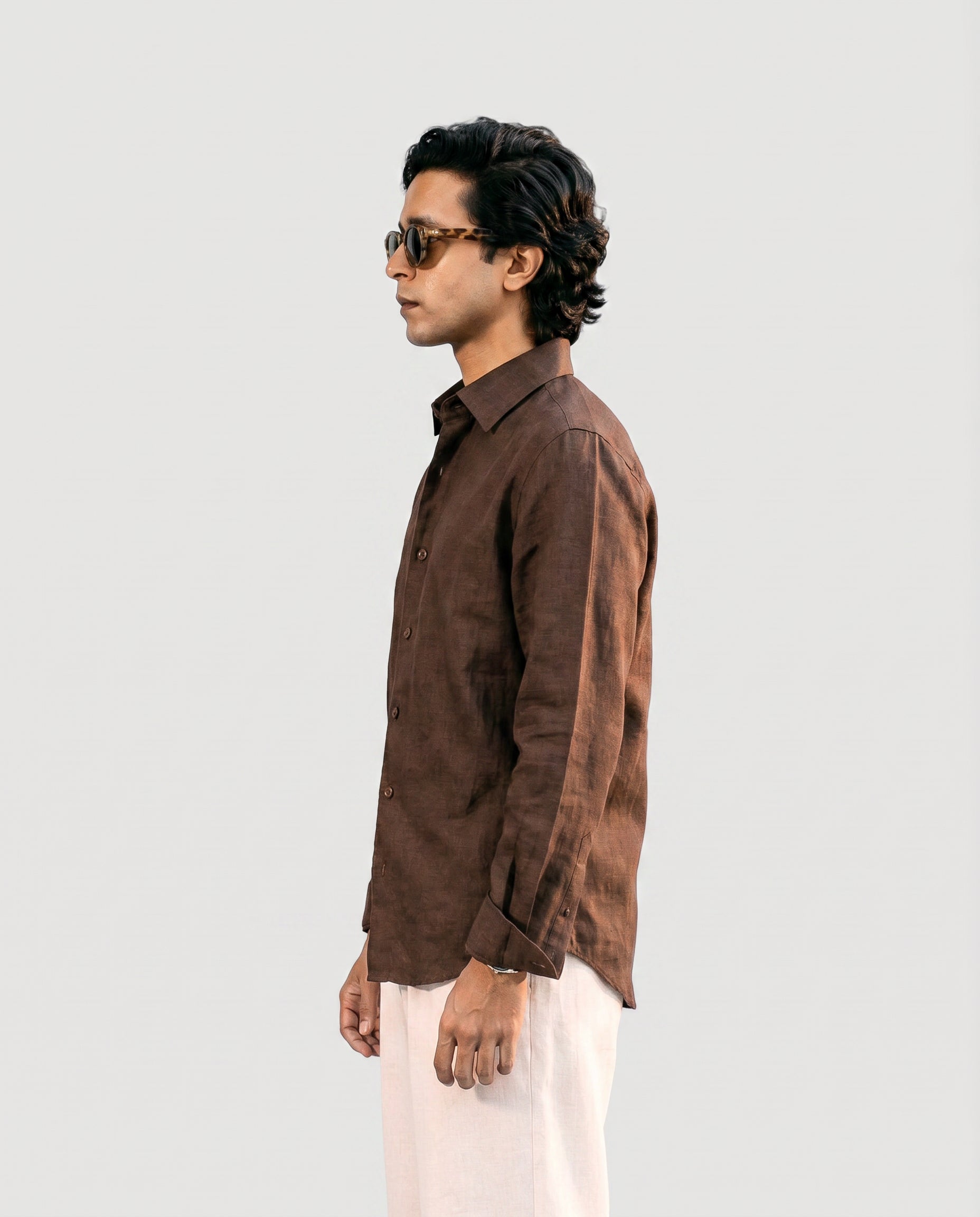 Brown Linen Shirt with European Collar
