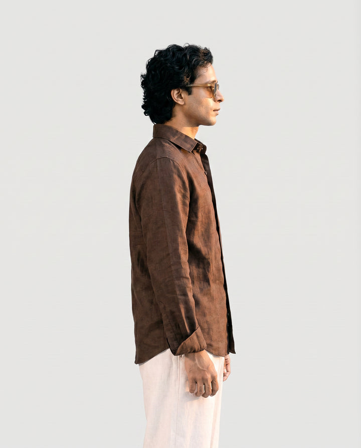 Brown Linen Shirt with European Collar