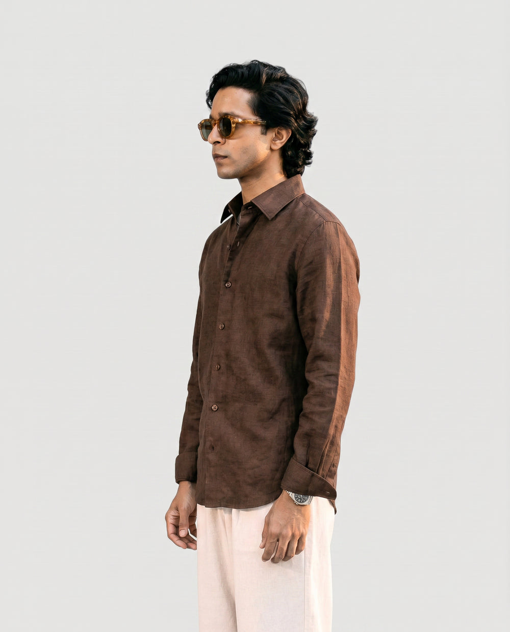 Brown Linen Shirt with European Collar